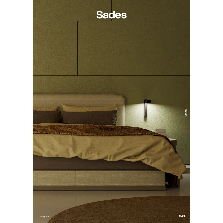 Redo 01-4643 - Aplica de perete LED SADES, 6W, 230V, CRI 90, USB, negru