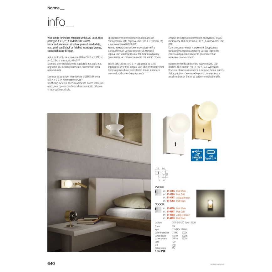 Redo 01-4657 - Aplica de perete LED NORMA, 5W, 230V, CRI 90, USB, alb/auriu