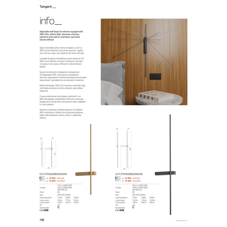 Redo 01-4672 - Aplica de perete TANGENT LED/6W/230V 2700/2850/3000K 73 cm CRI 90 auriu