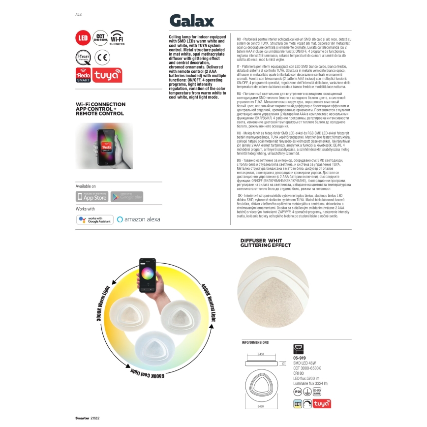 Redo 05-919 - Plafonieră LED dimmabilă GALAX LED/48W/230V 3000–6500K Wi-Fi Tuya Ø 48 cm albă + telecomandă