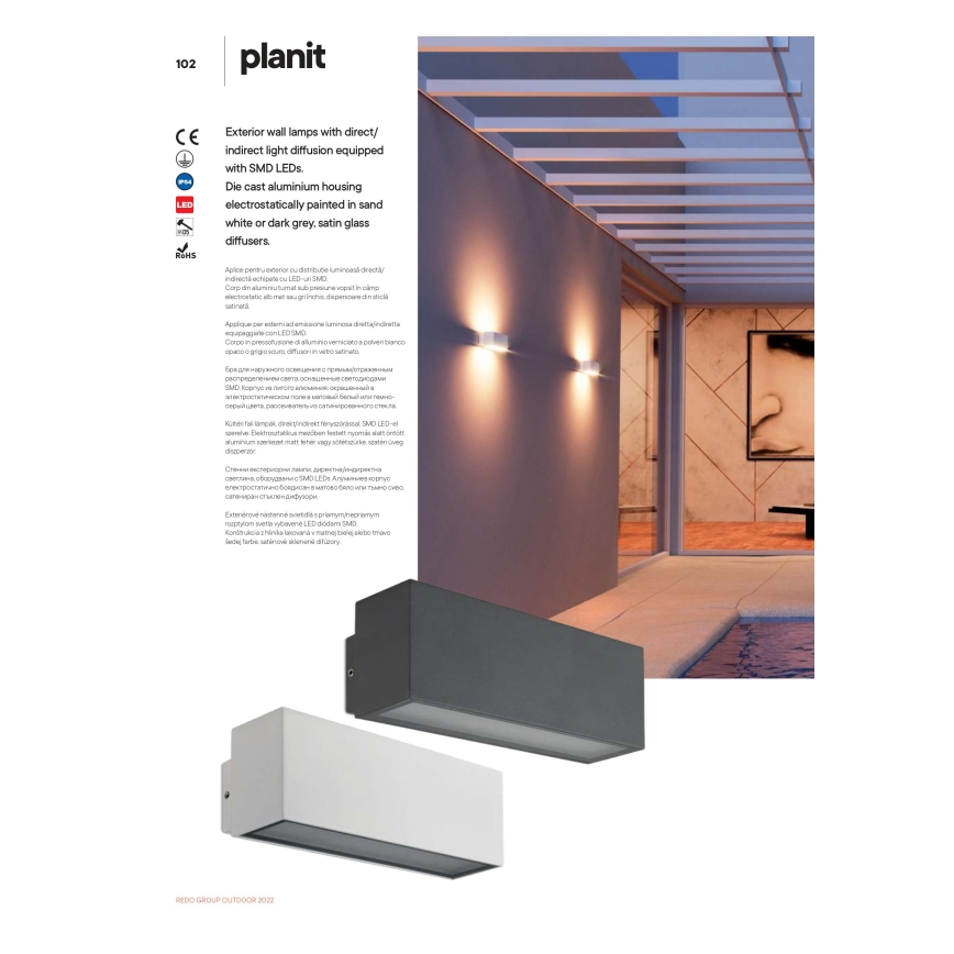 Redo 90096 - Aplica de perete LED pentru exterior PLANIT, 10W, 230V, 3000K, IP54, antracit