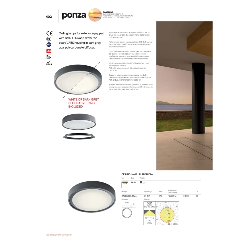 Redo 90156 - Plafonieră LED exterior PONZA 1xLED/18W/230V IP65