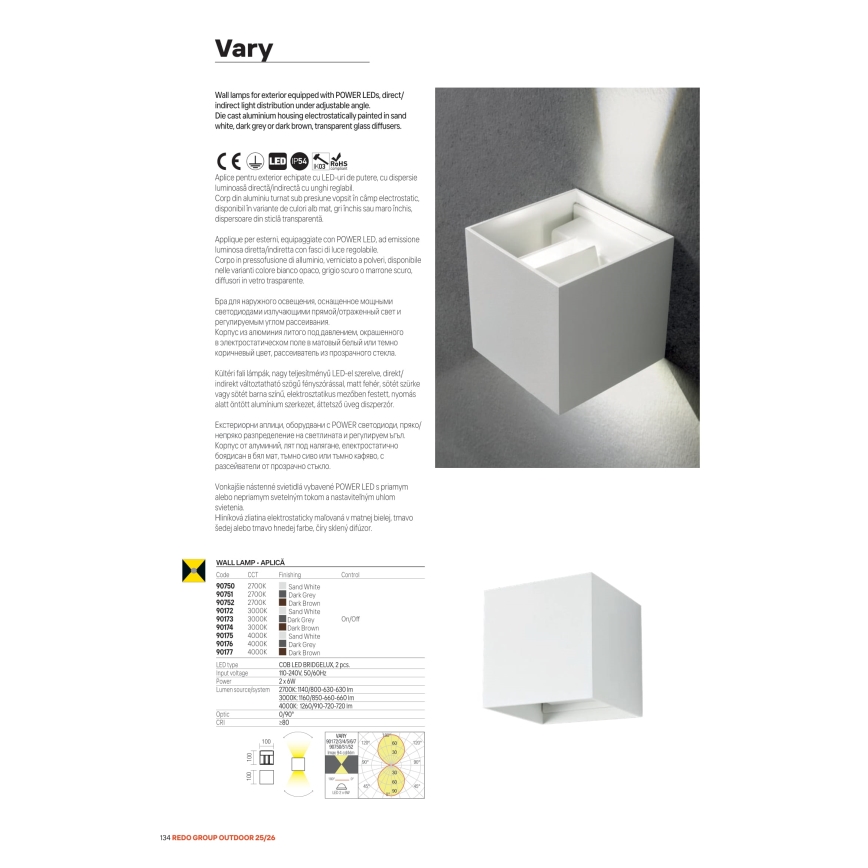 Redo 90298 - Aplică LED de exterior VARY, 2x LED de 10 W, 230 V, 3000 K, IP54, maro