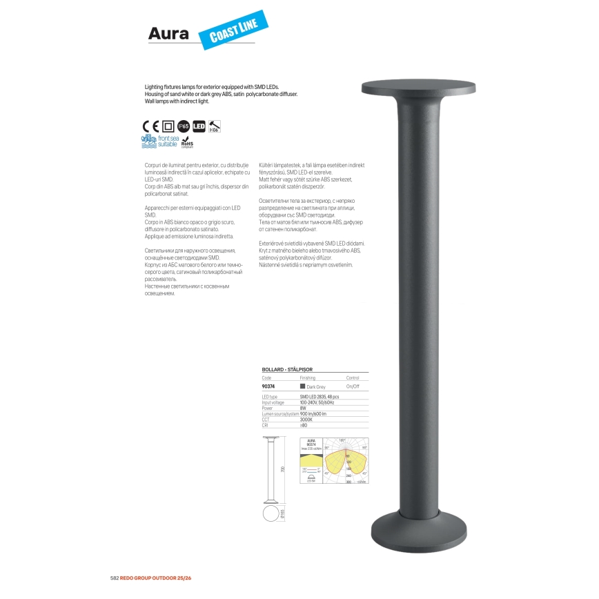 Redo 90374 - Lampă LED de exterior AURA, 8W, 230V, 3000K, 70 cm, IP65, antracit