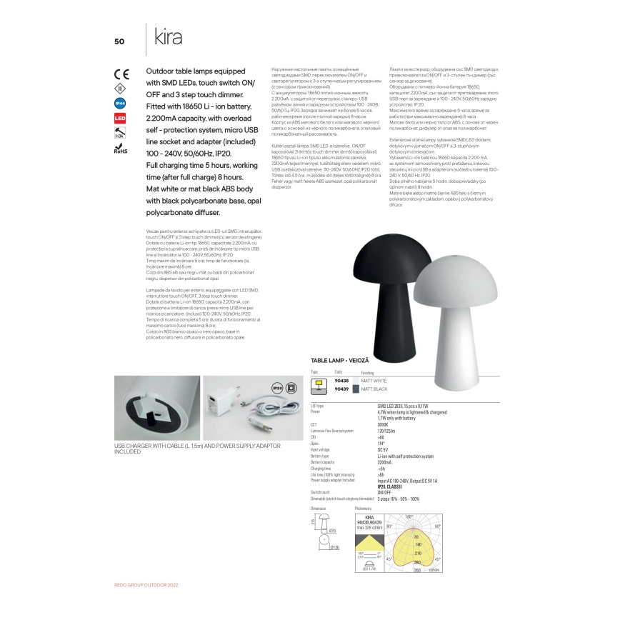 Redo 90439 - Lampă LED tactilă reglabilă de exterior KIRA LED/4,7W/230V 2200 mAh IP44 neagră