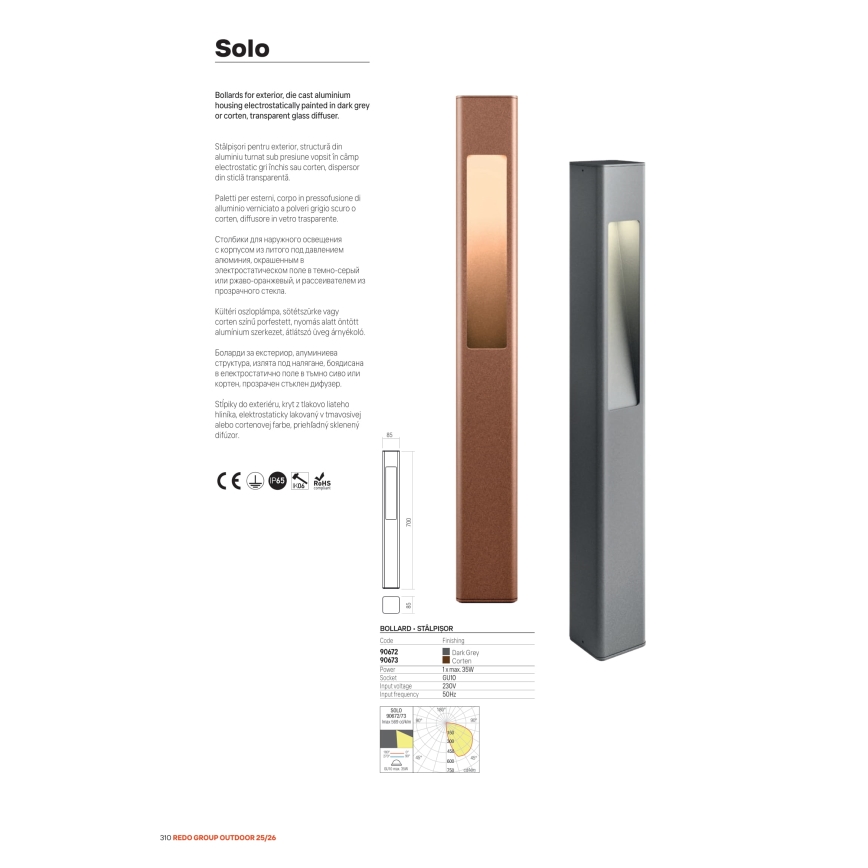 Redo 90673 - Lampă de exterior SOLO, 70 cm, 1x GU10, 35 W, 230 V, IP65, maro