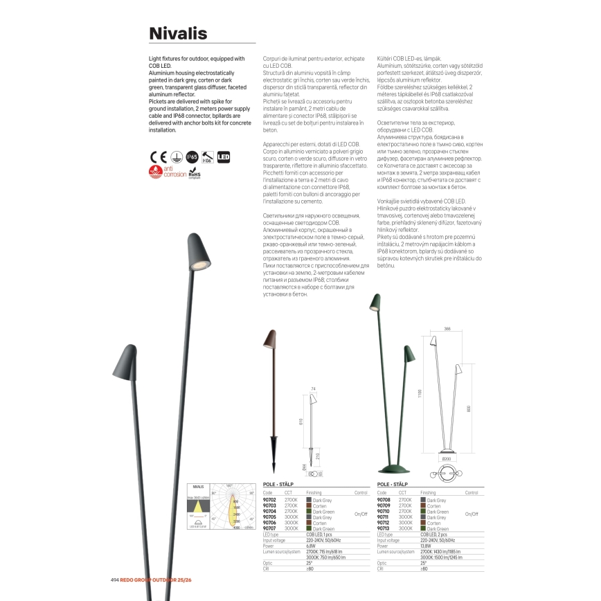 Redo 90711 - Lampă LED de exterior NIVALIS, 2x LED, 6,9 W, 230 V, 3000 K, 110 cm, IP65, antracit