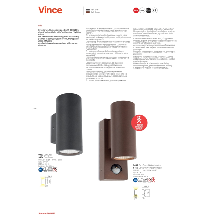 Redo 9455 - Aplică de perete LED pentru exterior cu senzor VINCE, 2 x LED/3W/230V, IP54, maro