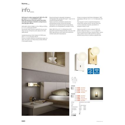 Redo 01-4662 - Lampă de perete LED NORMA, LED 5W/230V + LED 3W CRI 90, USB, alb/bronzat