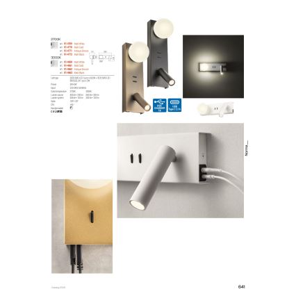 Redo 01-4662 - Lampă de perete LED NORMA, LED 5W/230V + LED 3W CRI 90, USB, alb/bronzat