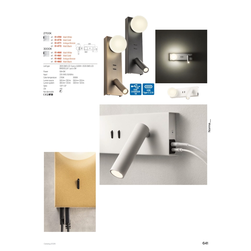 Redo 01-4662 - Lampă de perete LED NORMA, LED 5W/230V + LED 3W CRI 90, USB, alb/bronzat