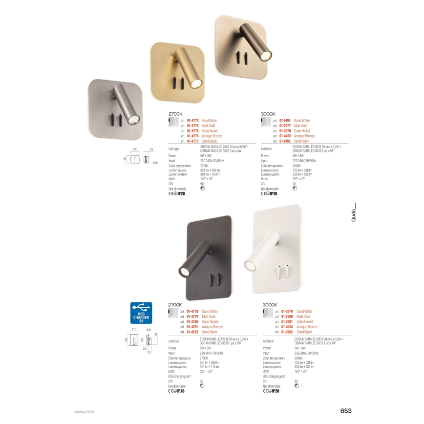 Redo 01-4473 - Aplică de perete QUDA LED/6W/230V + LED/3W CRI 90, finisaj bronz