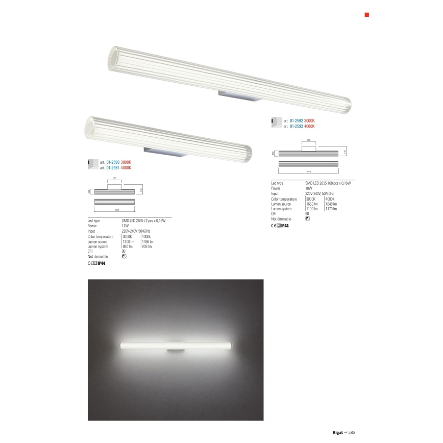 Redo 01-2593 - Aplica LED pentru oglindă de baie RIGAL LED/18W/230V 4000K 91 cm CRI 90 IP44 crom lucios/alb