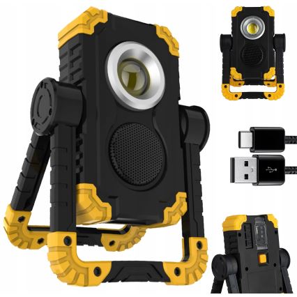 Proiector LED reîncărcabil cu difuzor și funcție powerbank LED/10W/5V 4400 mAh IP44 negru/galben