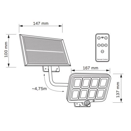 Proiector solar LED cu senzor INTEGRA LED/3W/3,7V 1200 mAh IP44 + telecomandă