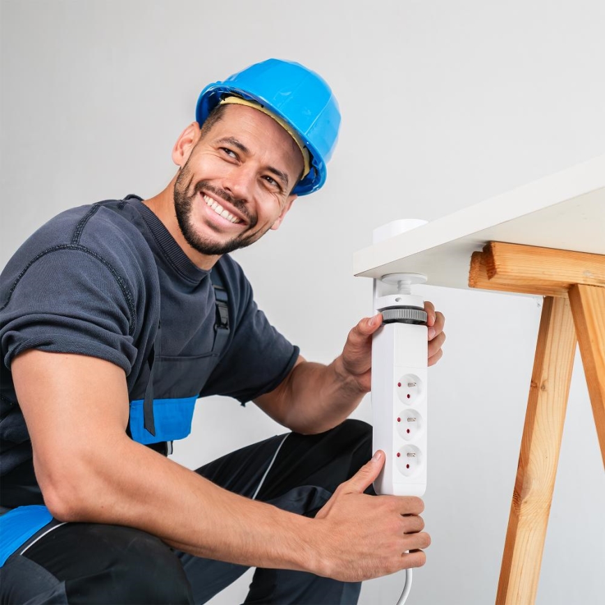 Prelungitor cu prindere pe birou, 3 prize, Tip E, 2x USB-A, 1x USB-C, 1,5 m, alb