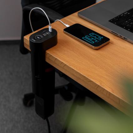 Prelungitor cu prindere pe masă, 3 prize Tip E + 2x USB-A + 1x USB-C, 1,5 m, negru