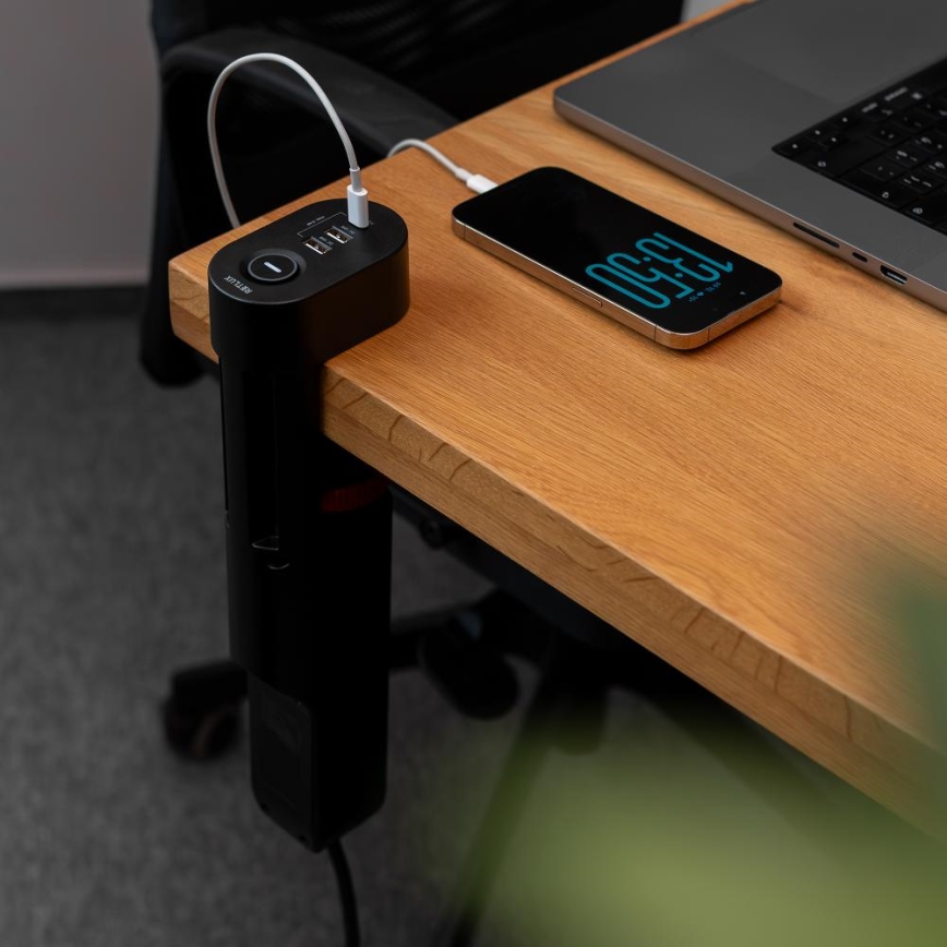 Prelungitor cu prindere pe masă, 3 prize Tip E + 2x USB-A + 1x USB-C, 1,5 m, negru