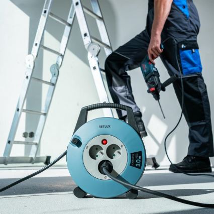 Retlux - Prelungitor cu tambur, 3 prize, Tip E, 10 m, albastru/negru