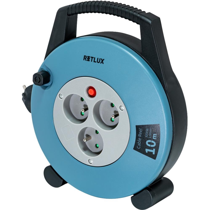 Retlux - Prelungitor cu tambur, 3 prize, Tip E, 10 m, albastru/negru