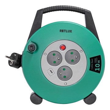 Retlux - Tambur cu cablu prelungitor, 3 prize, tip E, 10 m, verde/negru