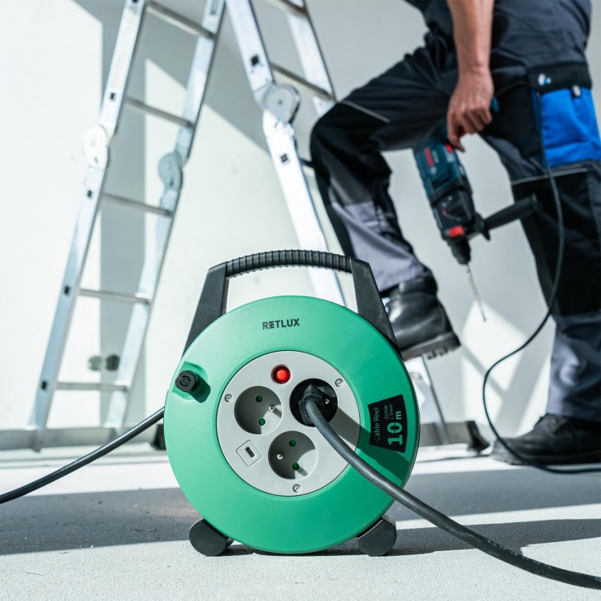 Retlux - Tambur cu cablu prelungitor, 3 prize, tip E, 10 m, verde/negru