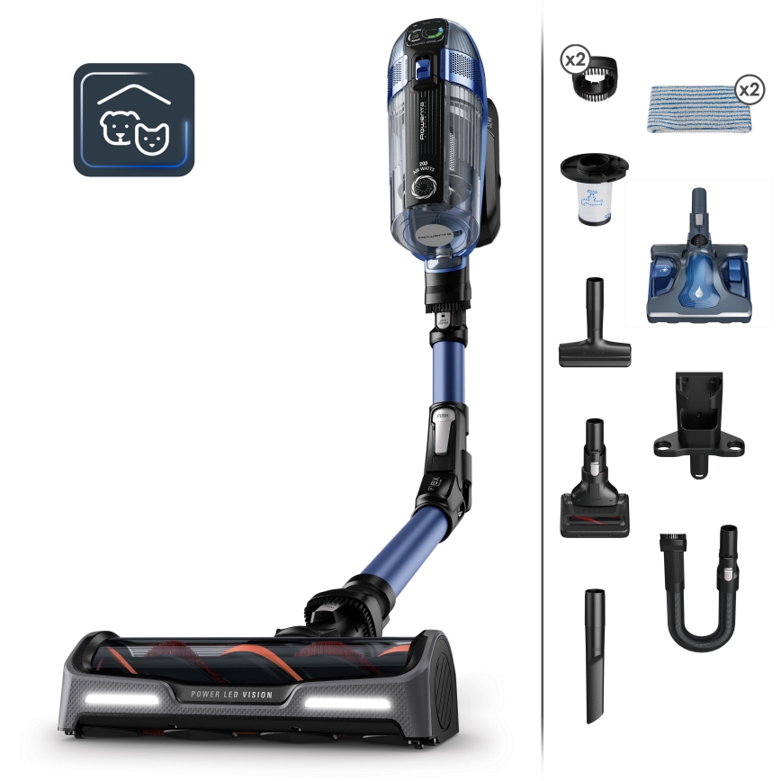 Rowenta - Aspirator vertical cu mop X-FORCE FLEX ANIMAL AQUA AUTO 3în1 480W/32,4V 2500 mAh albastru