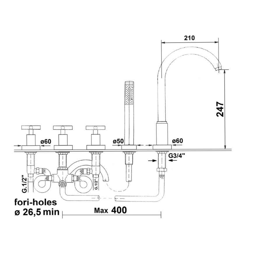 Sapho - Baterie de cadă AXIA, montaj în 5 orificii, crom lucios