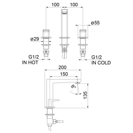 Sapho - Baterie pentru lavoar cu 3 găuri TURSI, crom lucios