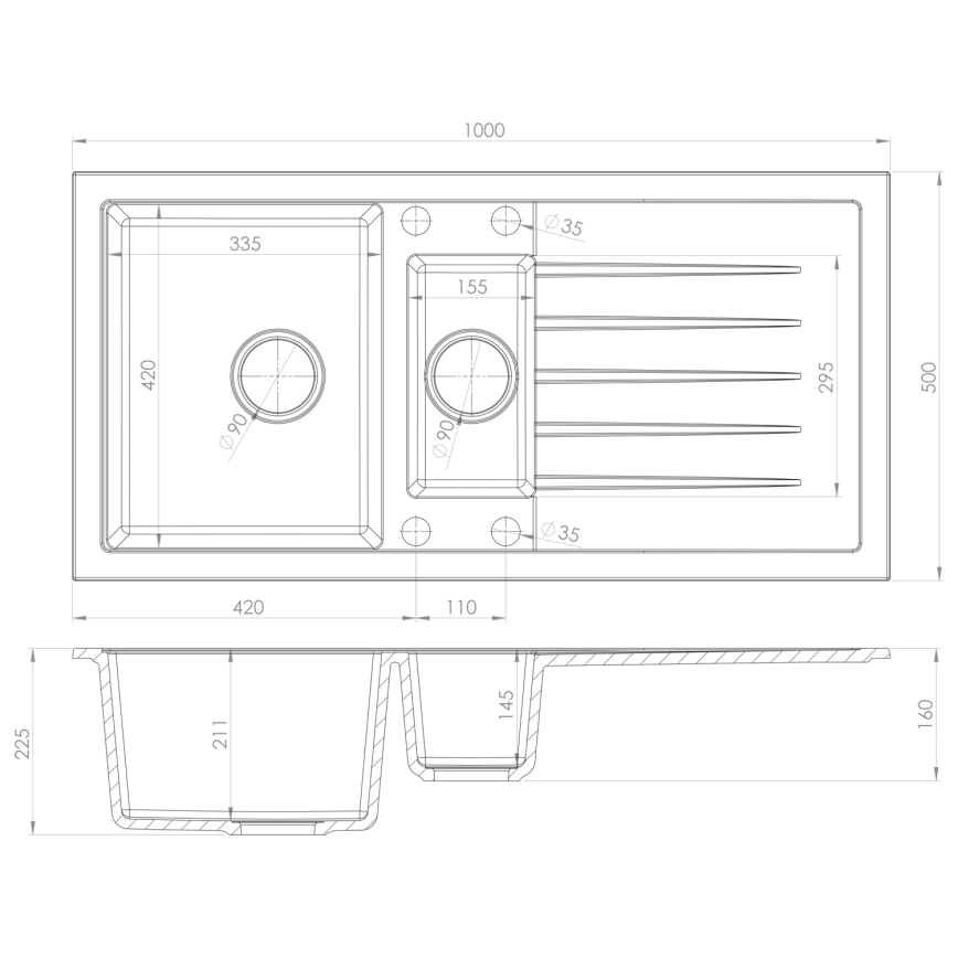 Sapho - Chiuvetă de bucătărie din granit 100 x 50 cm, neagră