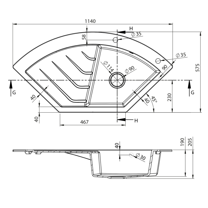 Sapho - Chiuvetă de colț din granit pentru bucătărie 114 x 57,5 cm, negru