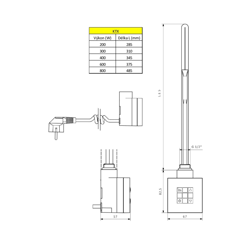 Sapho - Element de încălzire KTX cu termostat, 400 W, crom lucios
