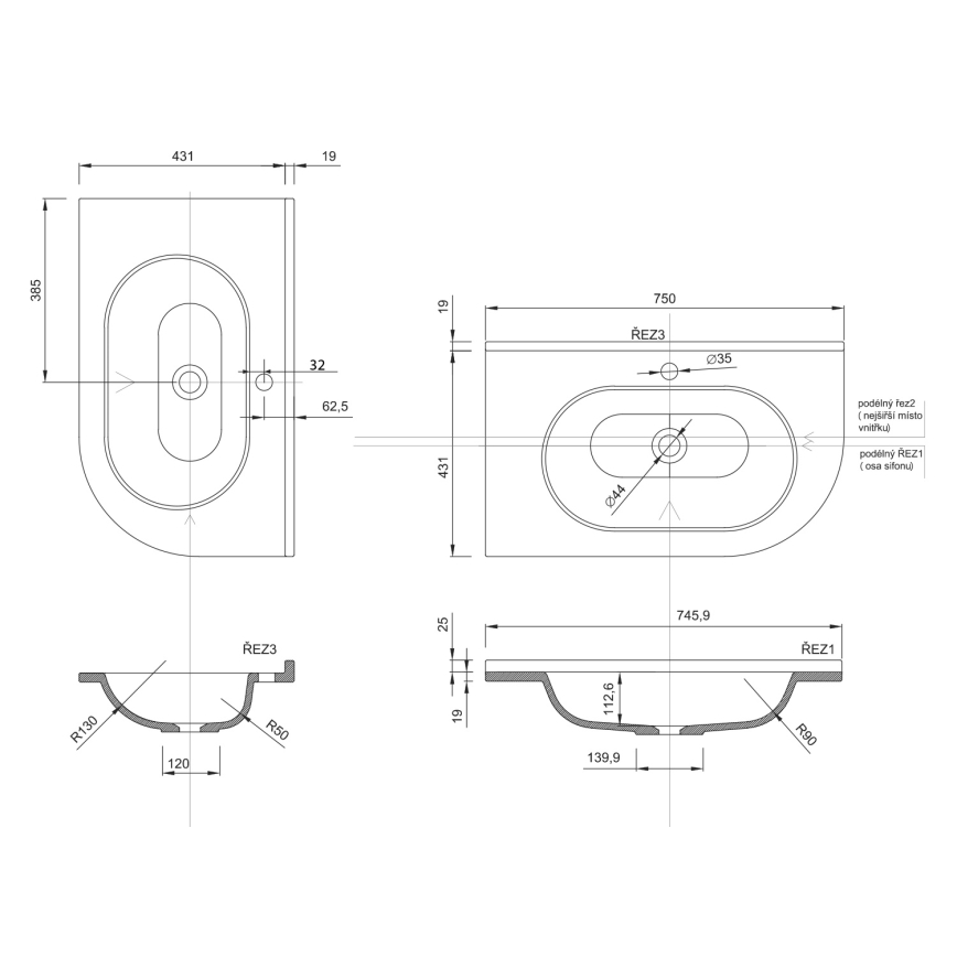 Sapho - Lavoar încastrat de colț PULSE 75x43 cm marmură/alb
