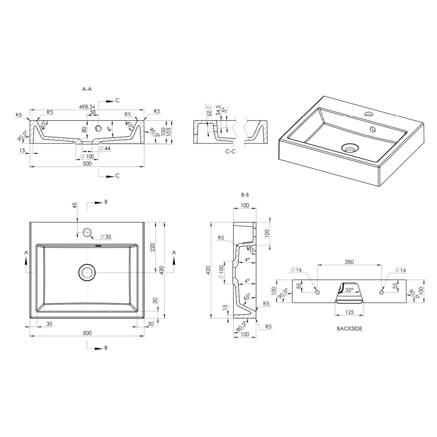 Sapho - Lavoar ORINOKO pentru montare pe blat, 50x42 cm, marmură/alb