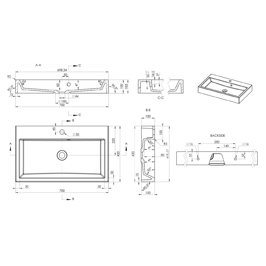 Sapho - Lavoar pe blat ORINOKO 70x42 cm marmură/alb