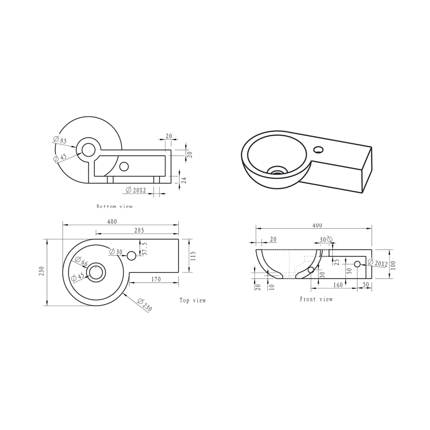 Sapho - Lavoar suspendat de colț BLOK 40 x 23 cm, montare pe dreapta, antracit