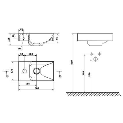 Sapho - Lavoar suspendat PICCOLINO 31x17 cm stânga/marmură turnată/alb