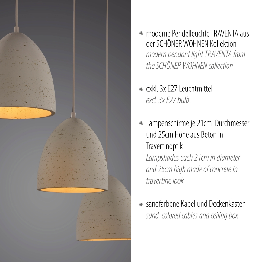 Schöner Wohnen 12541-42 - Lustră pe cablu TRAVENTA, 3 x E27/40W/230V, beton
