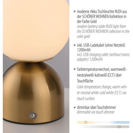 Schöner Wohnen 19218-12 - Lampă de birou LED RUDI reîncărcabilă, tactilă și reglabilă LED/1,2W/5V 3000-6000K 1200 mAh auriu