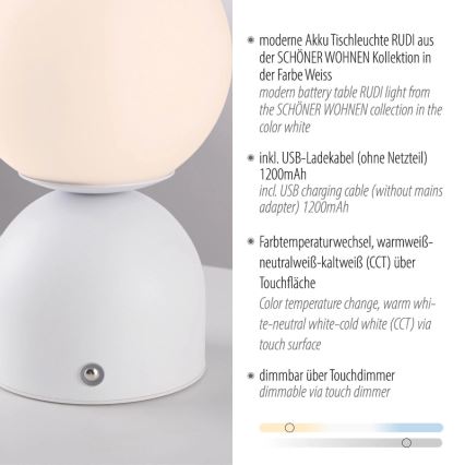 Schöner Wohnen 19218-16 - Lampă LED de birou RUDI, reîncărcabilă, reglabilă, cu control tactil, 1,2 W/5 V, 3000-6000 K, 1200 mAh, alb