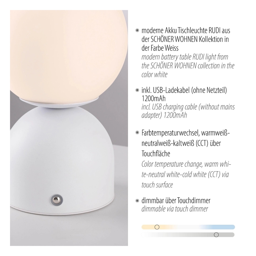Schöner Wohnen 19218-16 - Lampă LED de birou RUDI, reîncărcabilă, reglabilă, cu control tactil, 1,2 W/5 V, 3000-6000 K, 1200 mAh, alb