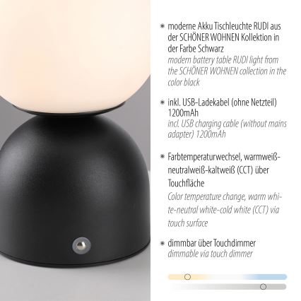 Schöner Wohnen 19218-18 - Lampă de birou LED RUDI, tactilă, cu reglare a intensității, reîncărcabilă LED/1,2W/5V 3000-6000K 1200 mAh neagră