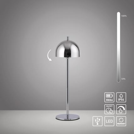 Schöner Wohnen 19244-17 - Lampă de masă de exterior reîncărcabilă BELLIS, LED dimabilă cu control tactil, 2,5W/5V, 2600 mAh, IP54, crom lucios