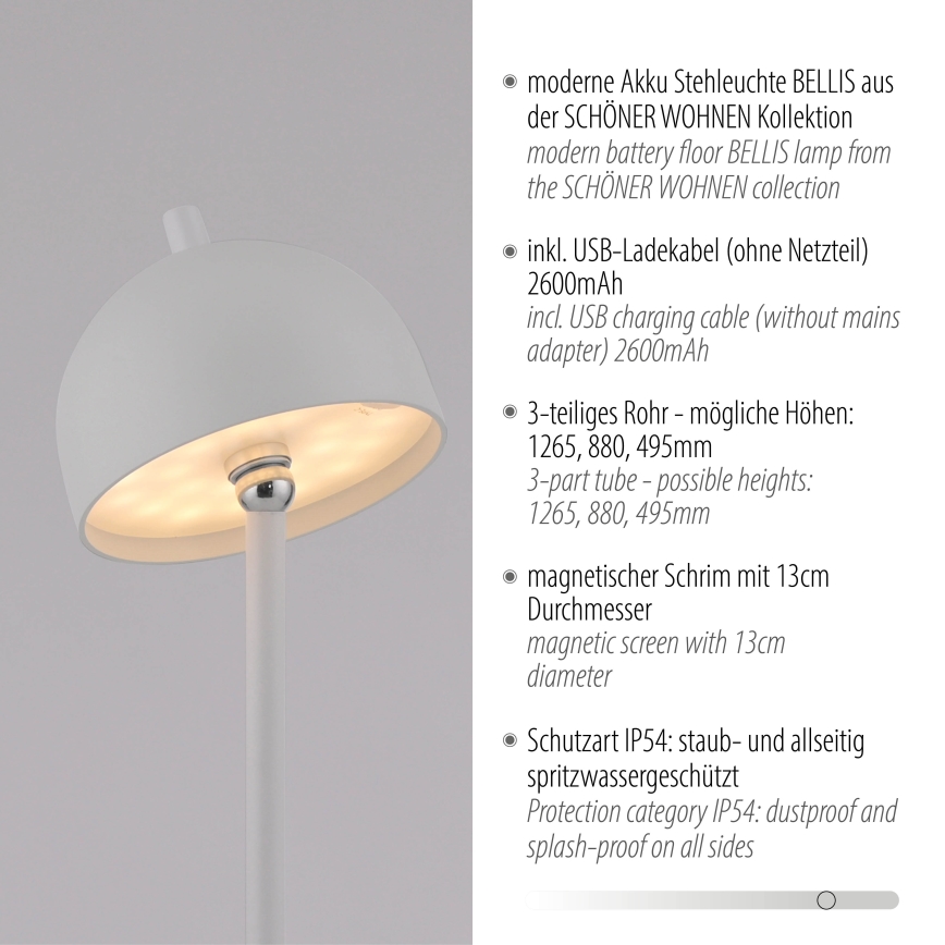 Schöner Wohnen 19245-16 - Lampă de podea LED reîncărcabilă pentru exterior BELLIS, tactilă și dimmabilă, LED 2,5 W/5 V, 2600 mAh, IP54, albă