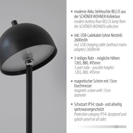 Schöner Wohnen 19245-18 - Lampă de podea LED reîncărcabilă, reglabilă, cu control tactil pentru exterior BELLIS, LED/2,5W/5V 2600 mAh IP54, negru