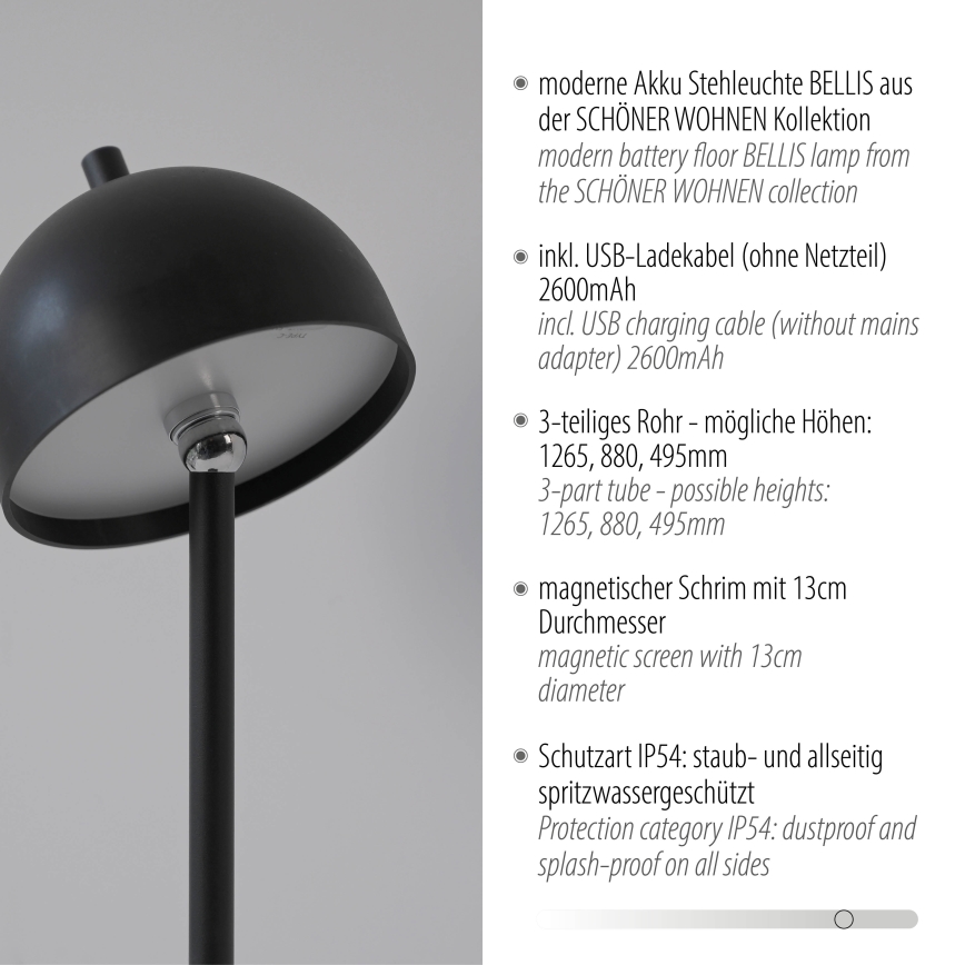 Schöner Wohnen 19245-18 - Lampă de podea LED reîncărcabilă, reglabilă, cu control tactil pentru exterior BELLIS, LED/2,5W/5V 2600 mAh IP54, negru