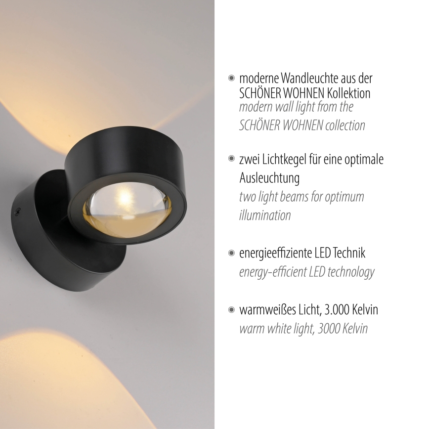 Schöner Wohnen 19331-18 - Aplică LED de perete CHIA 2xLED/2W/230V neagră