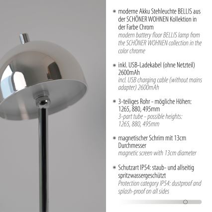 Schöner Wohnen 19245-17 - Lampadar reîncărcabil de exterior BELLIS, LED dimmabil, cu control tactil, 2,5W/5V, 2600 mAh, IP54, crom lucios