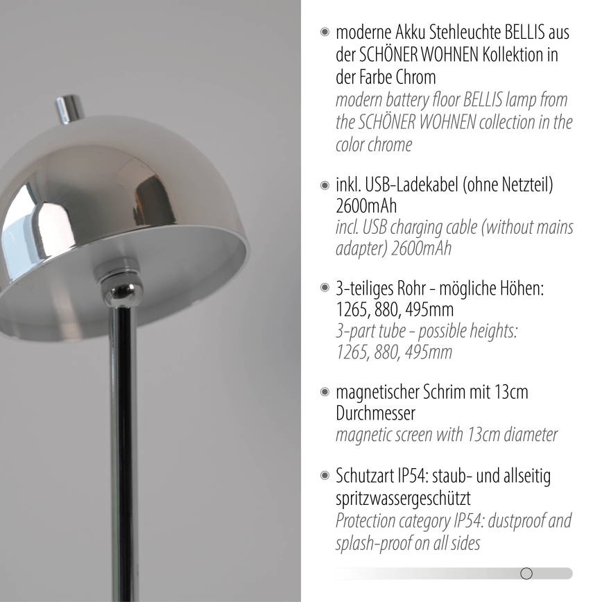 Schöner Wohnen 19245-17 - Lampadar reîncărcabil de exterior BELLIS, LED dimmabil, cu control tactil, 2,5W/5V, 2600 mAh, IP54, crom lucios