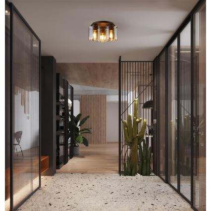 Searchlight - Lampă de tavan SWEDEN, 3 x E27, max. 60 W, 230 V, Ø 39 cm, maro/fumuriu